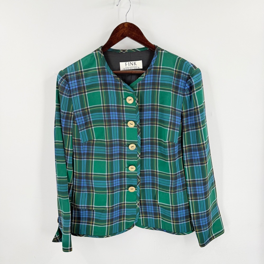 Fink Blazer Green Plaid Size 10 Vintage Light Weight Button Front Academia 90s